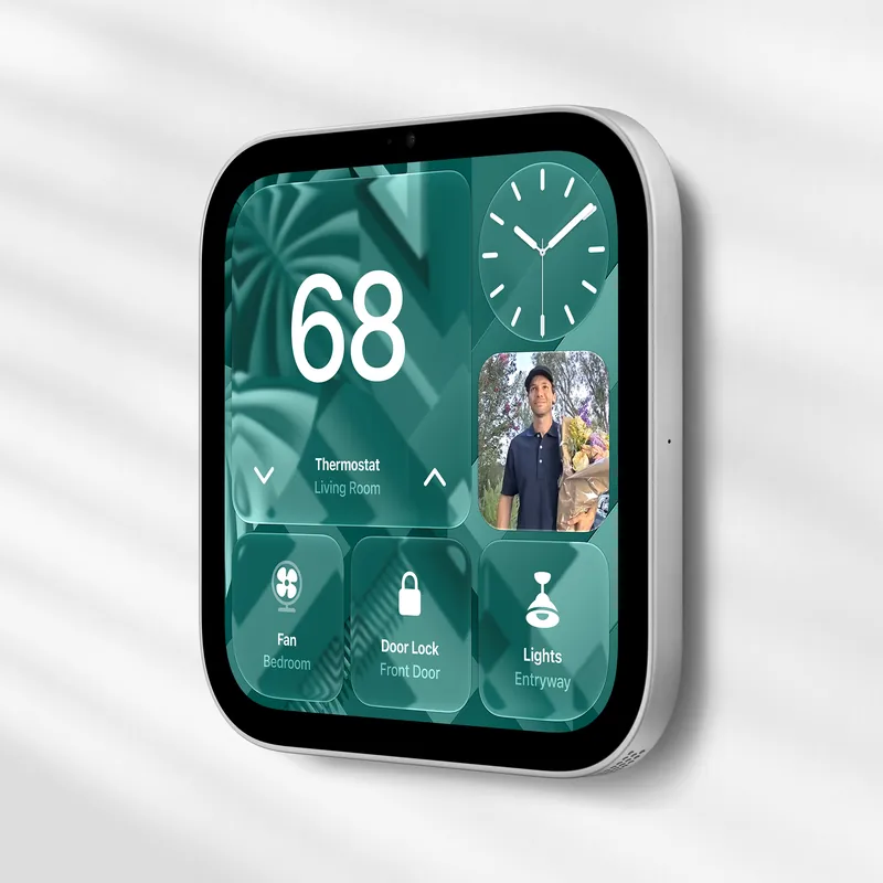 Wall-mounted Apple HomeView showing a teal Home face with a 68-degree thermostat reading, a clock, a camera feed and buttons for a fan, the front door lock and the entryway lights.