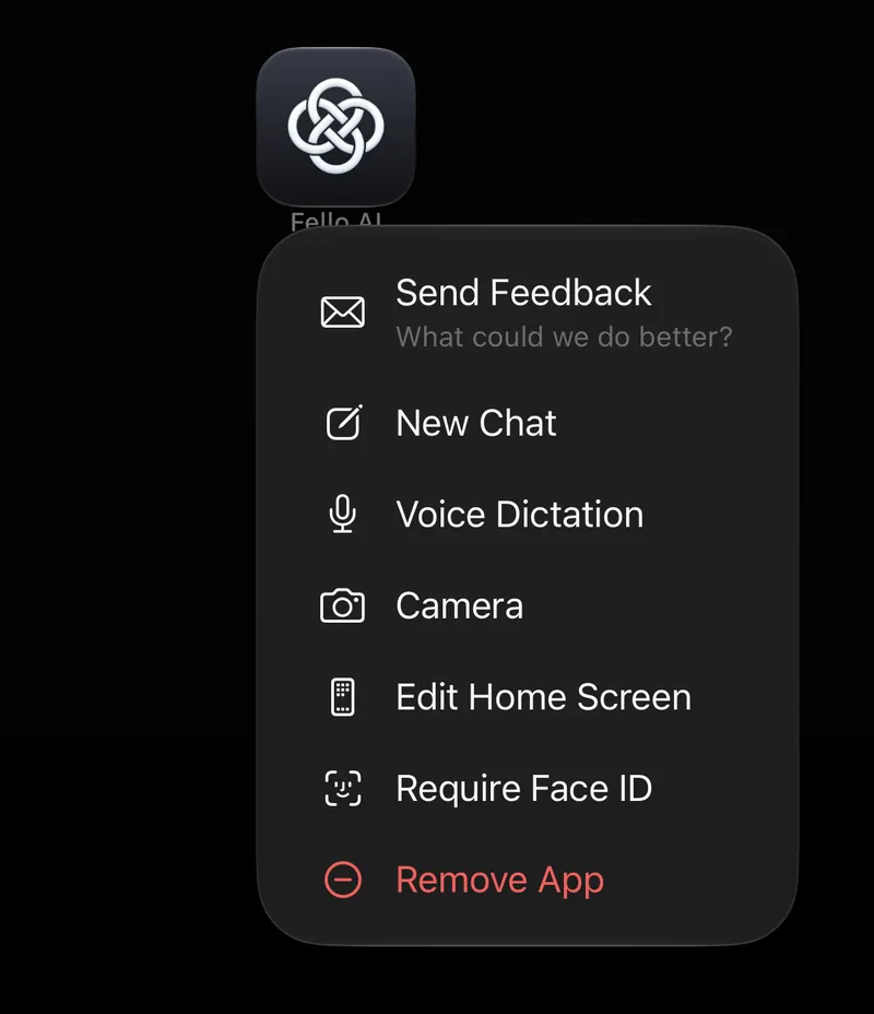 Fello AI Home Screen quick actions on iPhone: New Chat, Voice Dictation and Camera