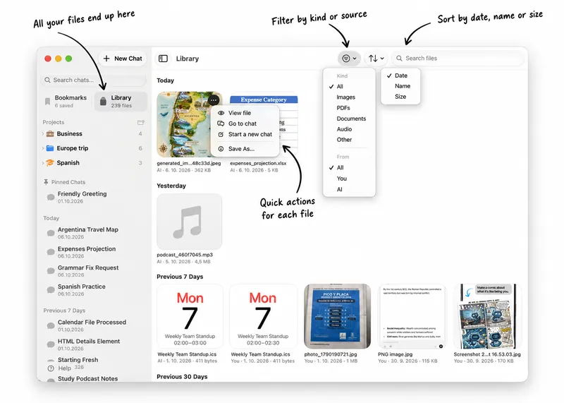 Fello AI Library on Mac showing files from all chats grouped by date, with filters by kind and source, sorting by date, name or size, and quick actions for each file