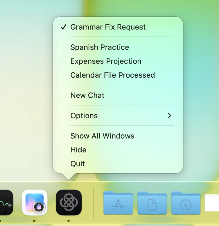 Fello AI Dock menu on Mac listing recent chats and a New Chat item