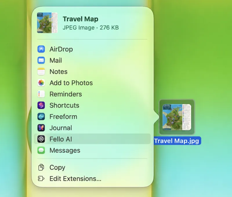 macOS Share menu for an image file with Fello AI listed among AirDrop, Mail, Notes and Messages